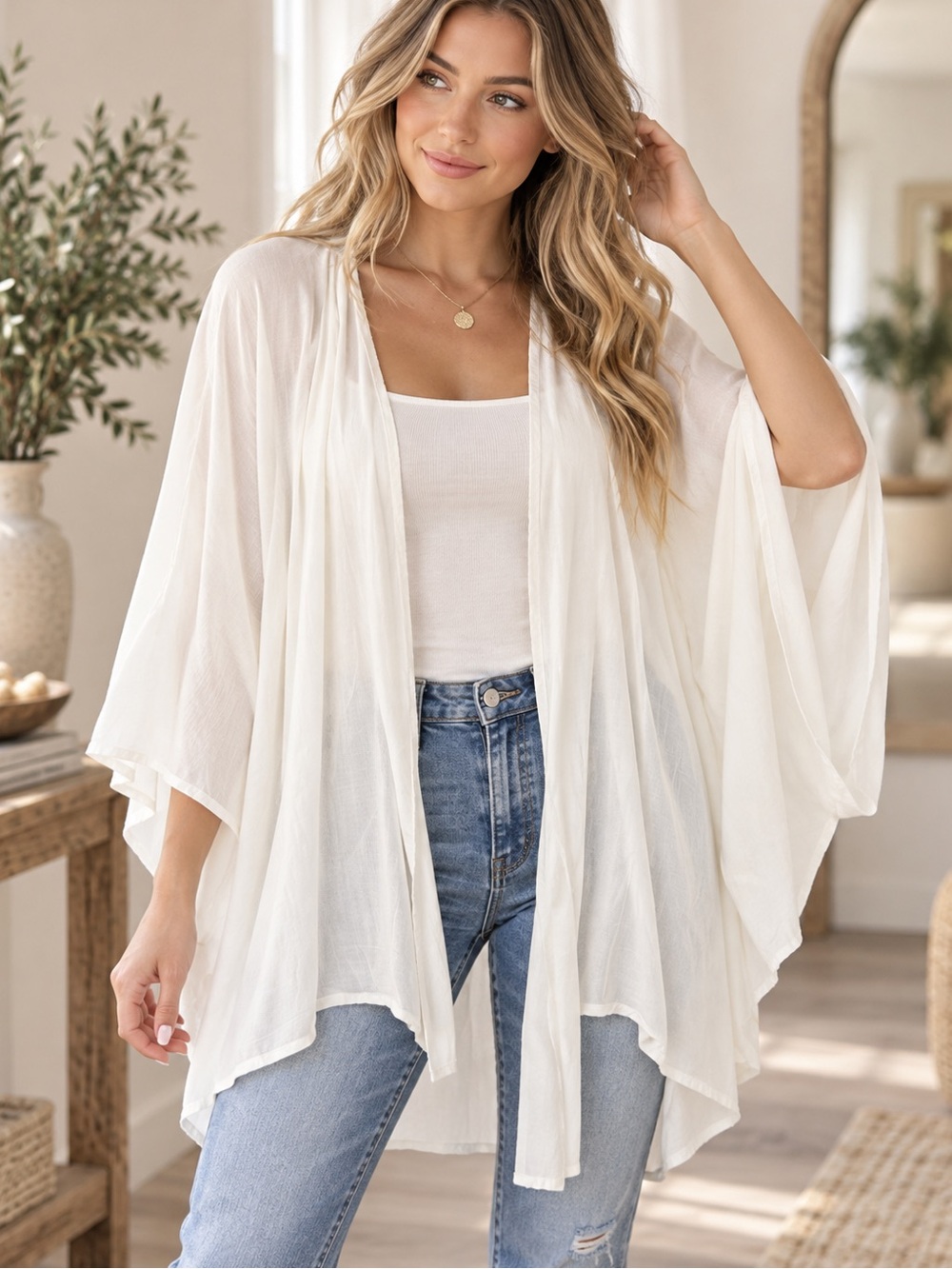 L Love Open Front Flowy Kimono Cardigan Blouse - Small